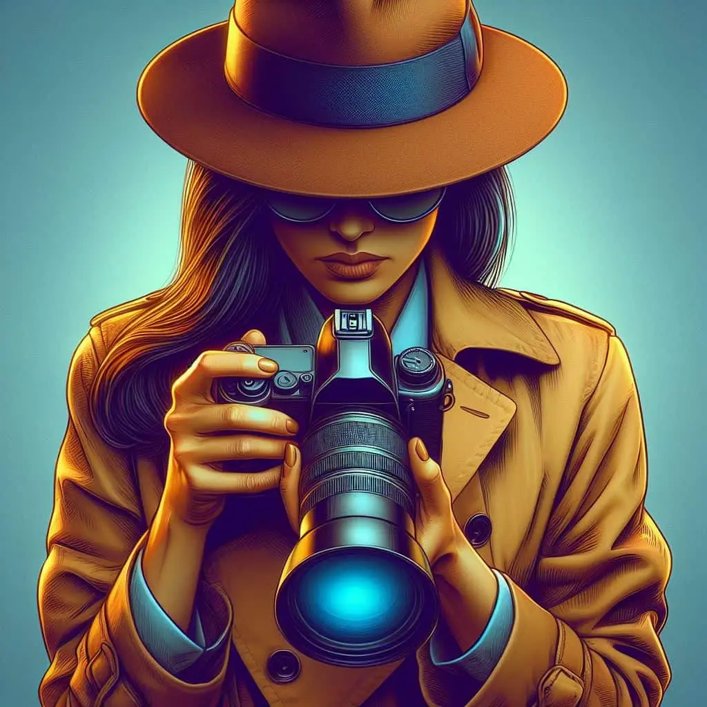 an investigative woman in trench coat with a large lens camera.